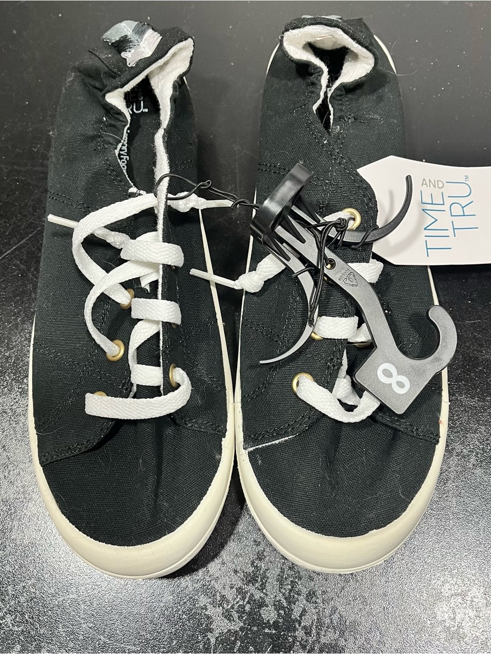 Time and Tru Black Canvas Lace-Up Sneakers with White Laces